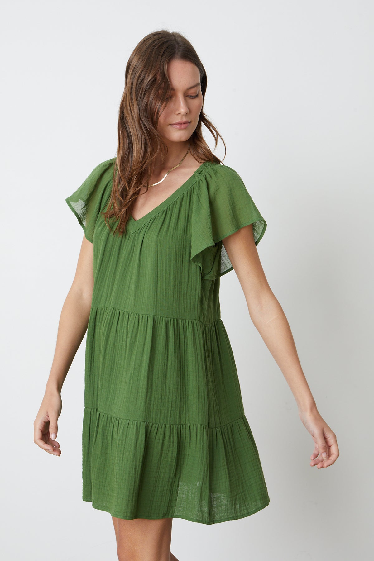  Eleanor Tiered Dress in garden green cotton gauze front & side-26262138159297