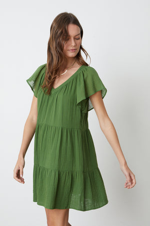  Eleanor Tiered Dress in garden green cotton gauze front & side