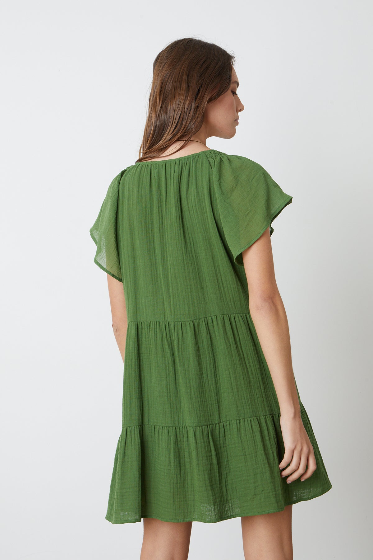    Eleanor Tiered Dress in garden green cotton gauze back 