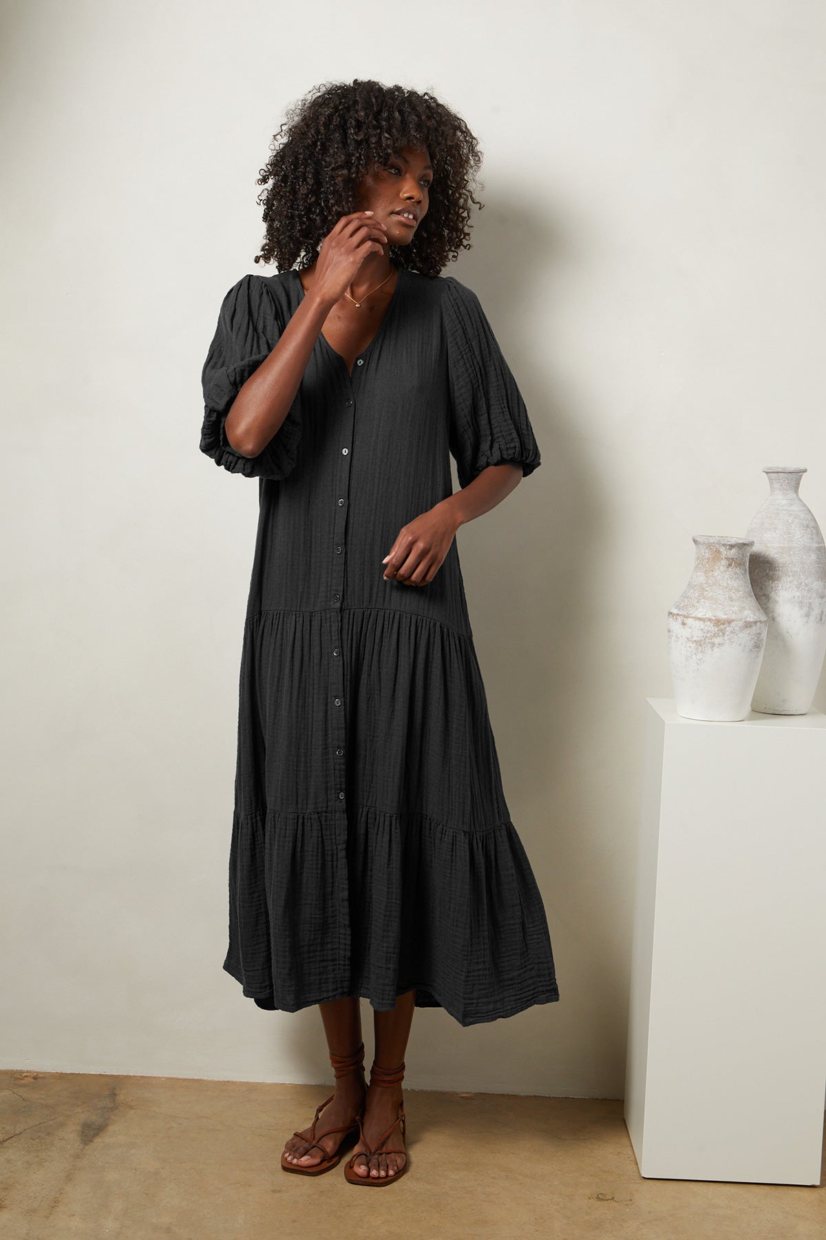 Pauline Cotton Gauze Midi Dress in Black front-25885350297793