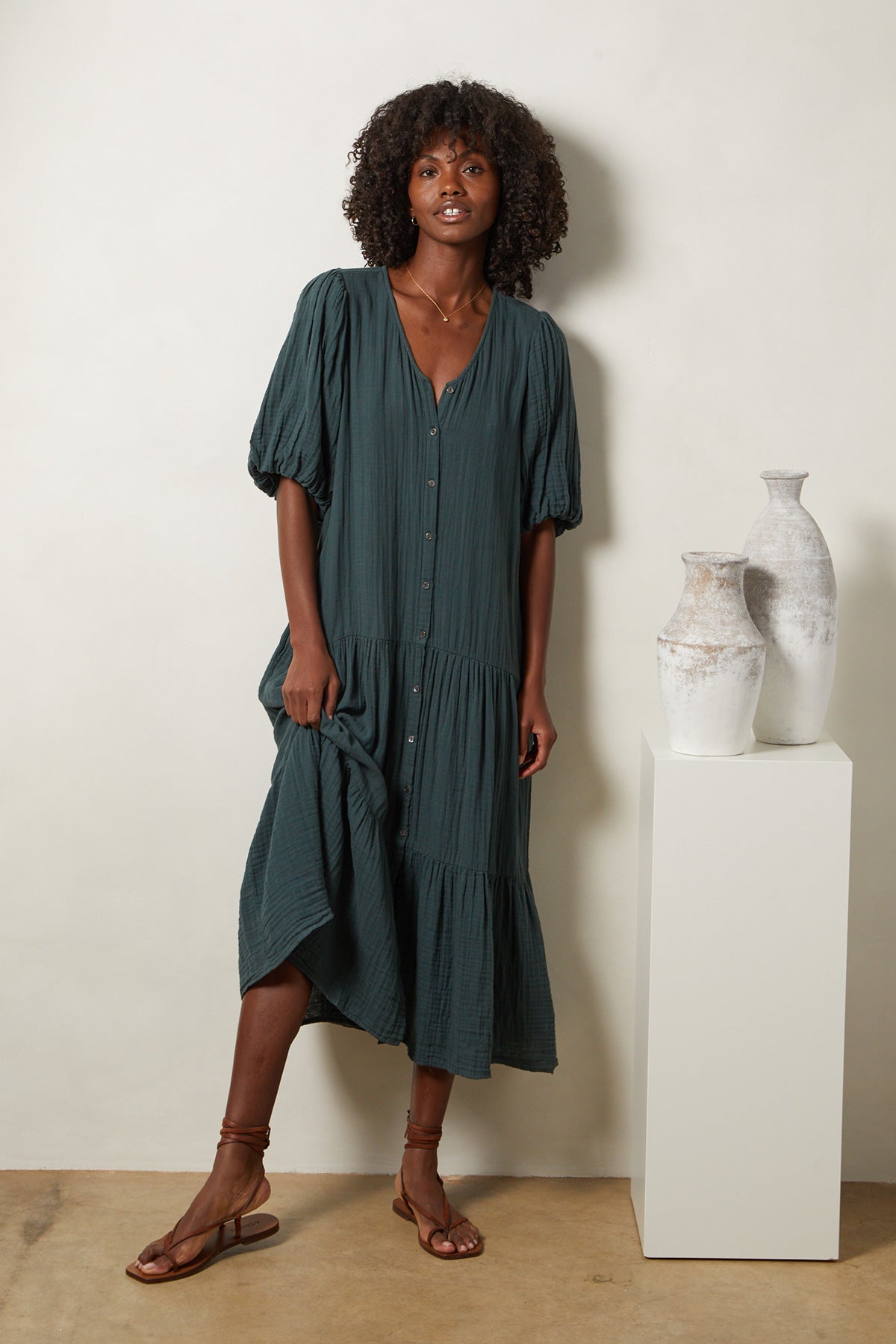   Pauline Cotton Gauze Midi Dress in Bracken full length front 