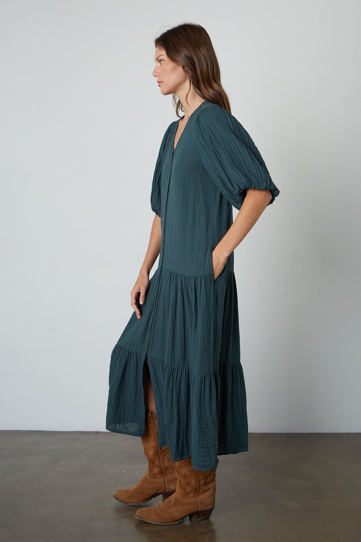   Pauline Cotton Gauze Midi Dress in Bracken side view with brown boots 