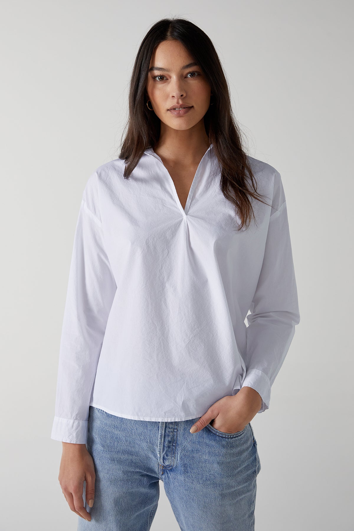 Velvet by Jenny Graham Brea Cotton Shirt in White with Blue Denim front-26002780094657