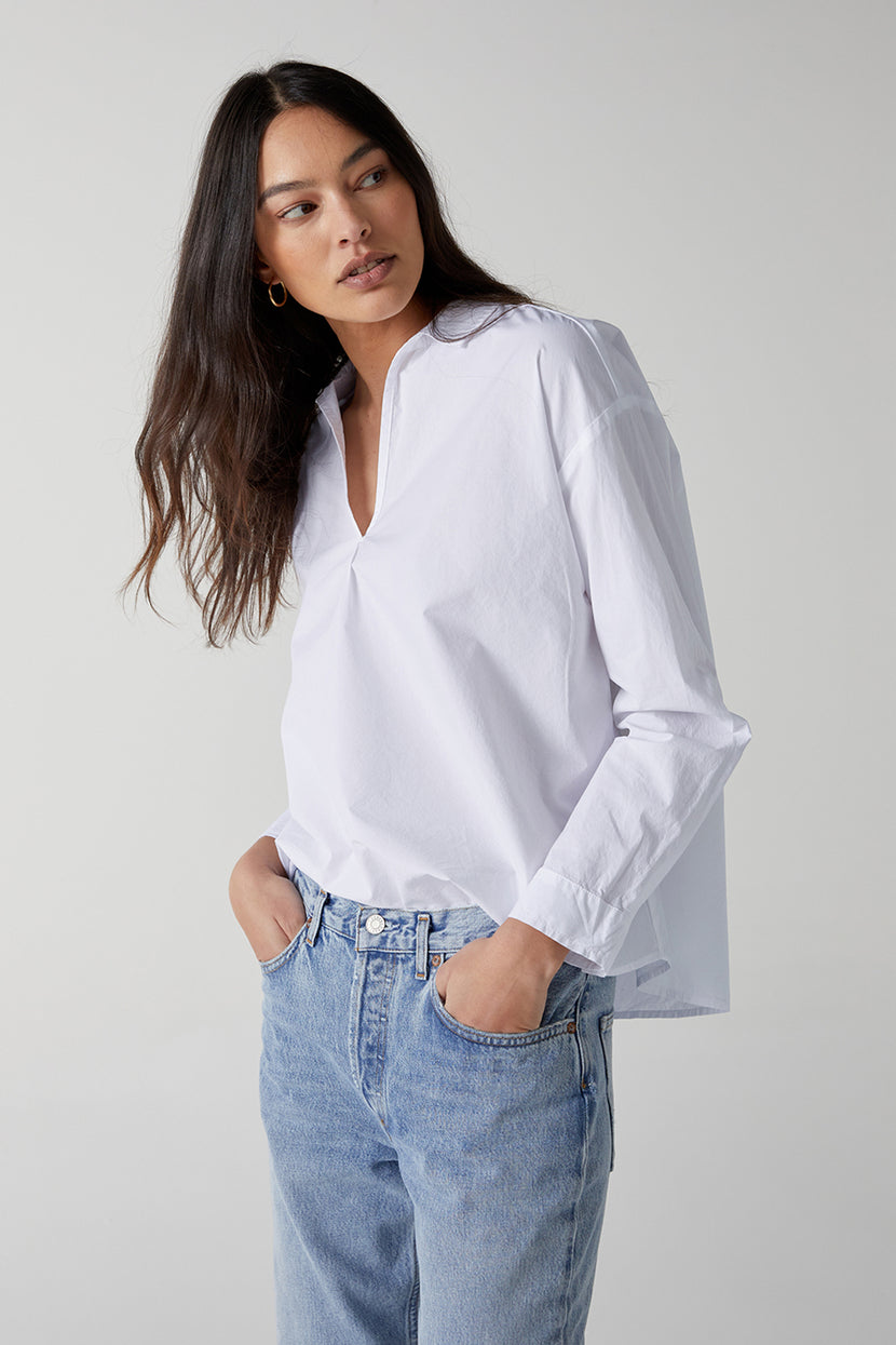 Velvet by Jenny Graham Brea Cotton Shirt in White, Tucked Into Blue Denim Front and Side Close Up