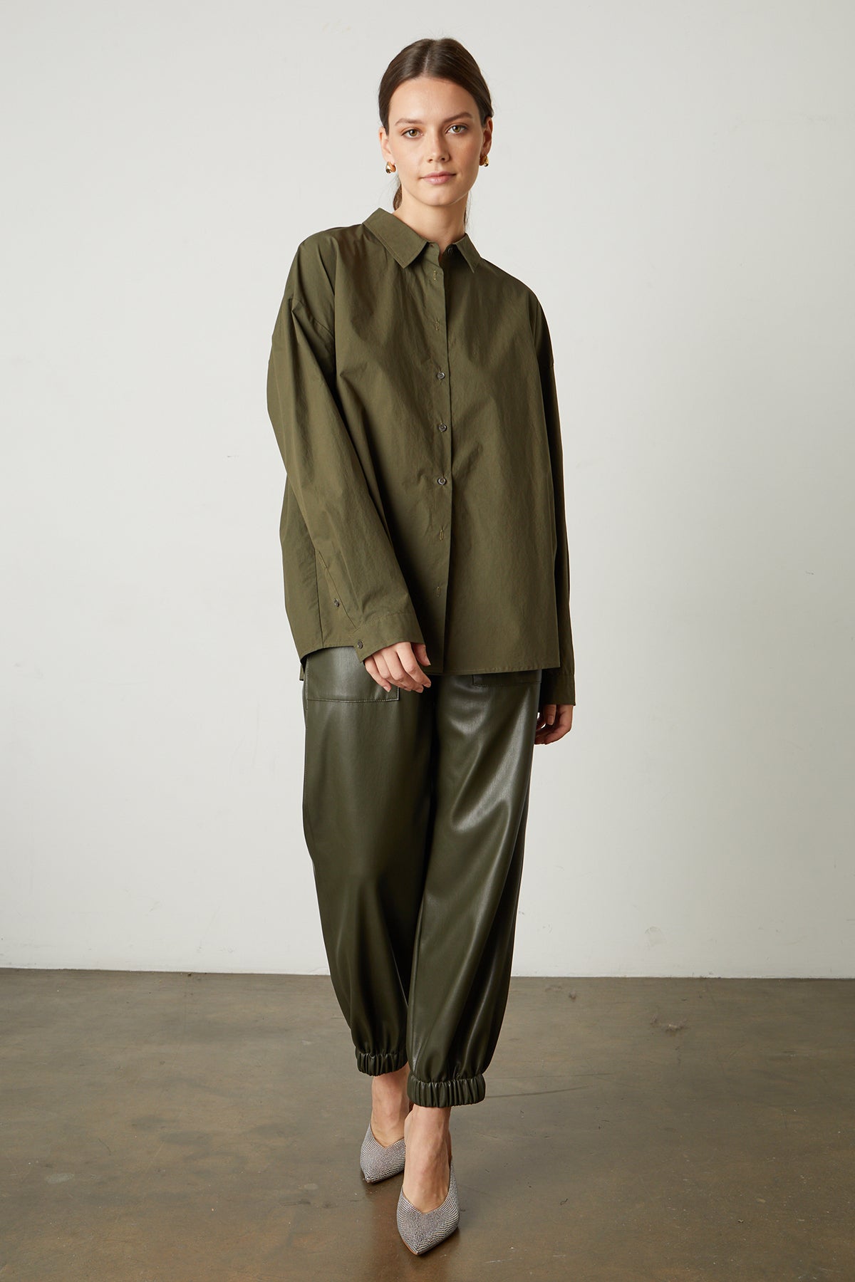   Dakota Button-Up Shirt in olivine with Rihanna Vegan Leather Pants in olive full length front 