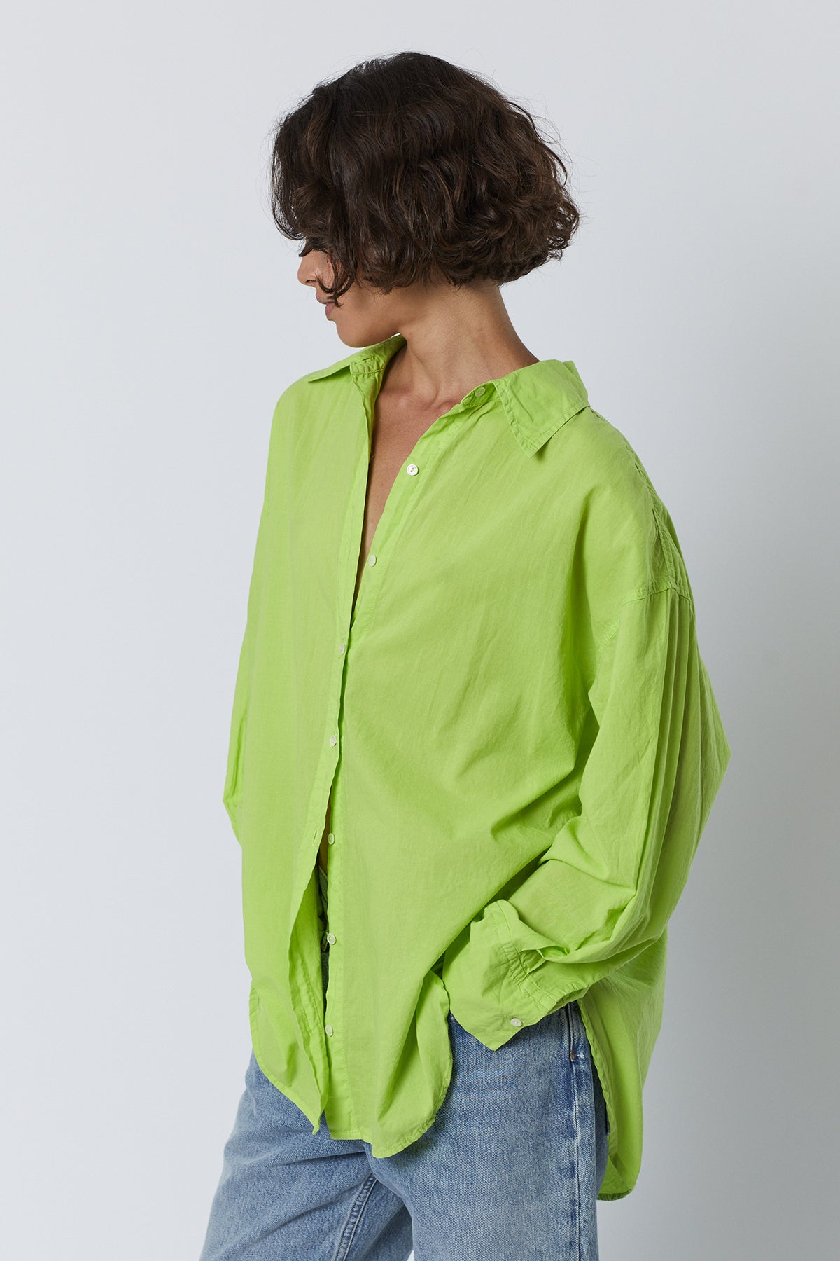 Redondo Button-Up Shirt in acid green with blue denim front & side-26007189258433