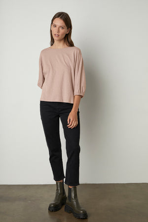 Corry Puff Sleeve Tee in rosegold with Victoria denim in noir black and boots full length front