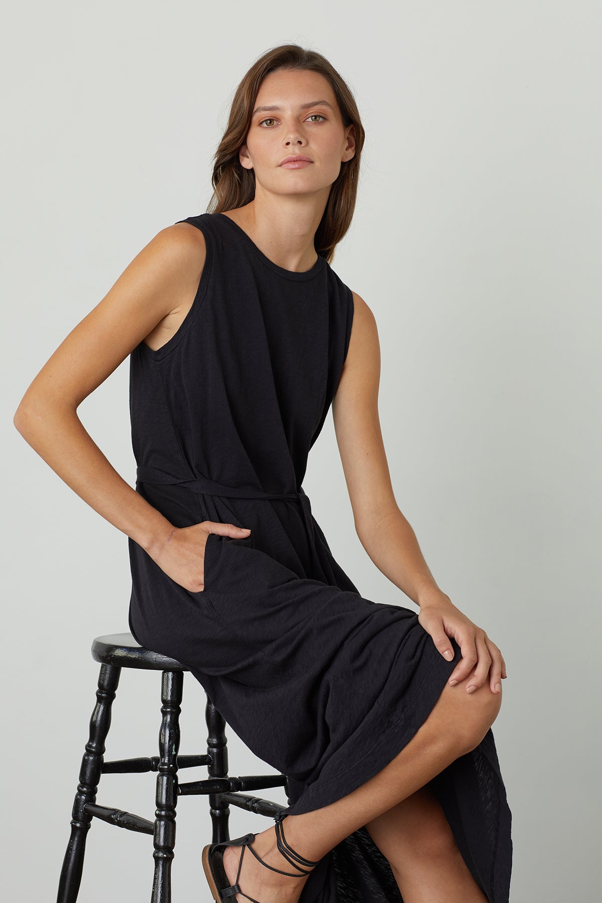 Edith Dress Black with Tie Side Seated-24545590051009