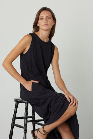 Edith Dress Black with Tie Side Seated