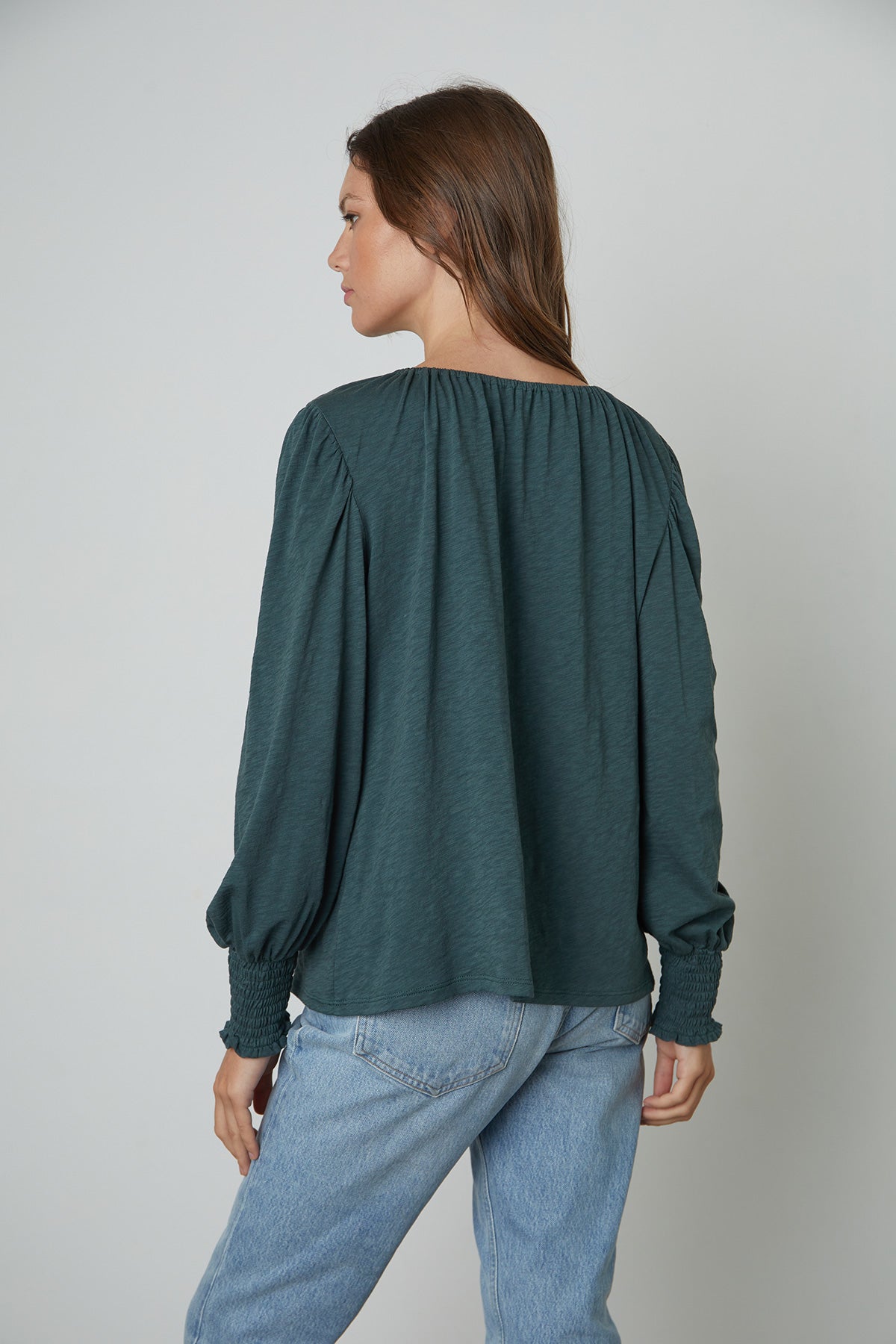   Irina Split Neck Tee in Bracken back view 