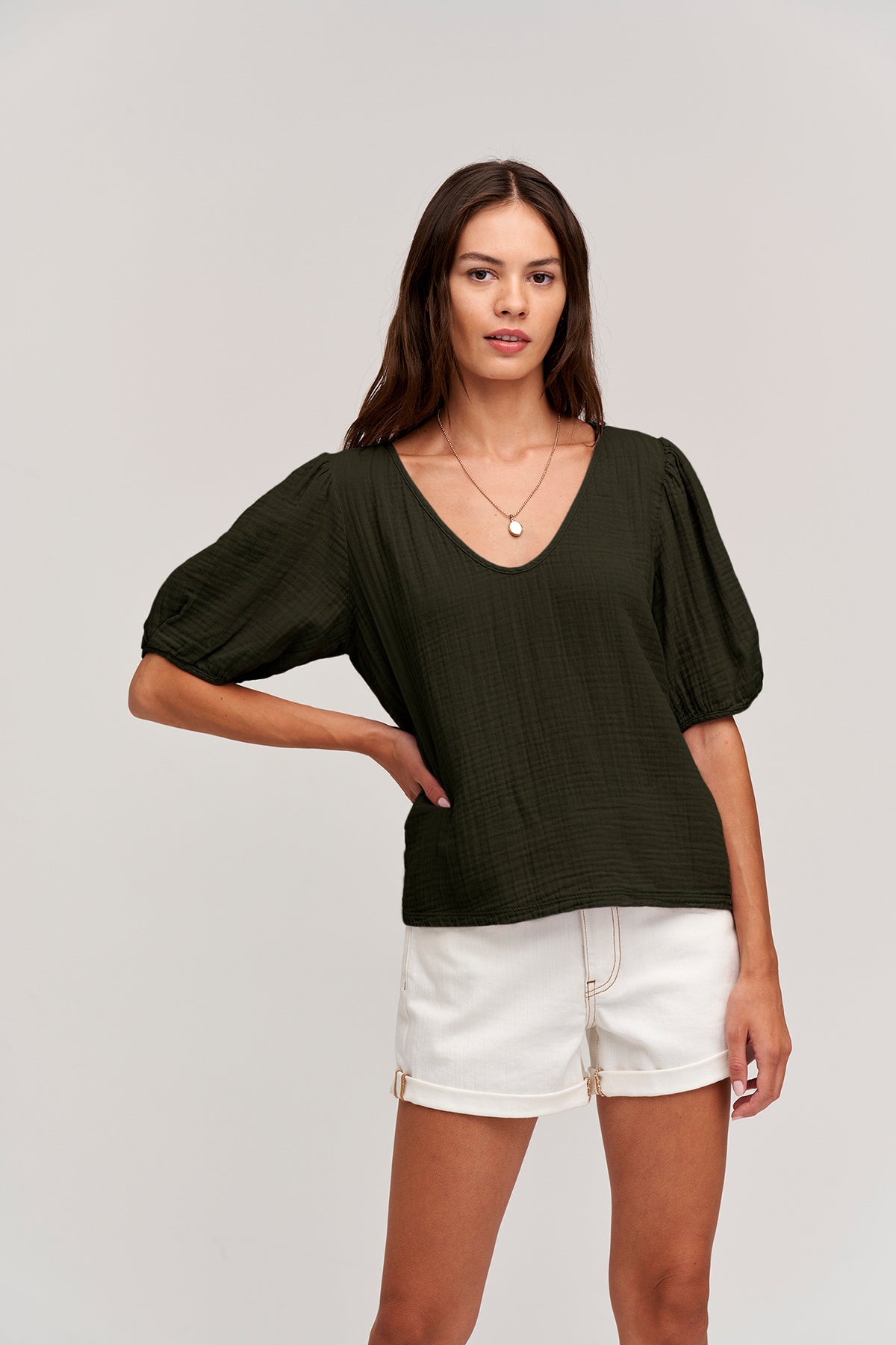   Louisa Puff Sleeve Top front 2 hedge 