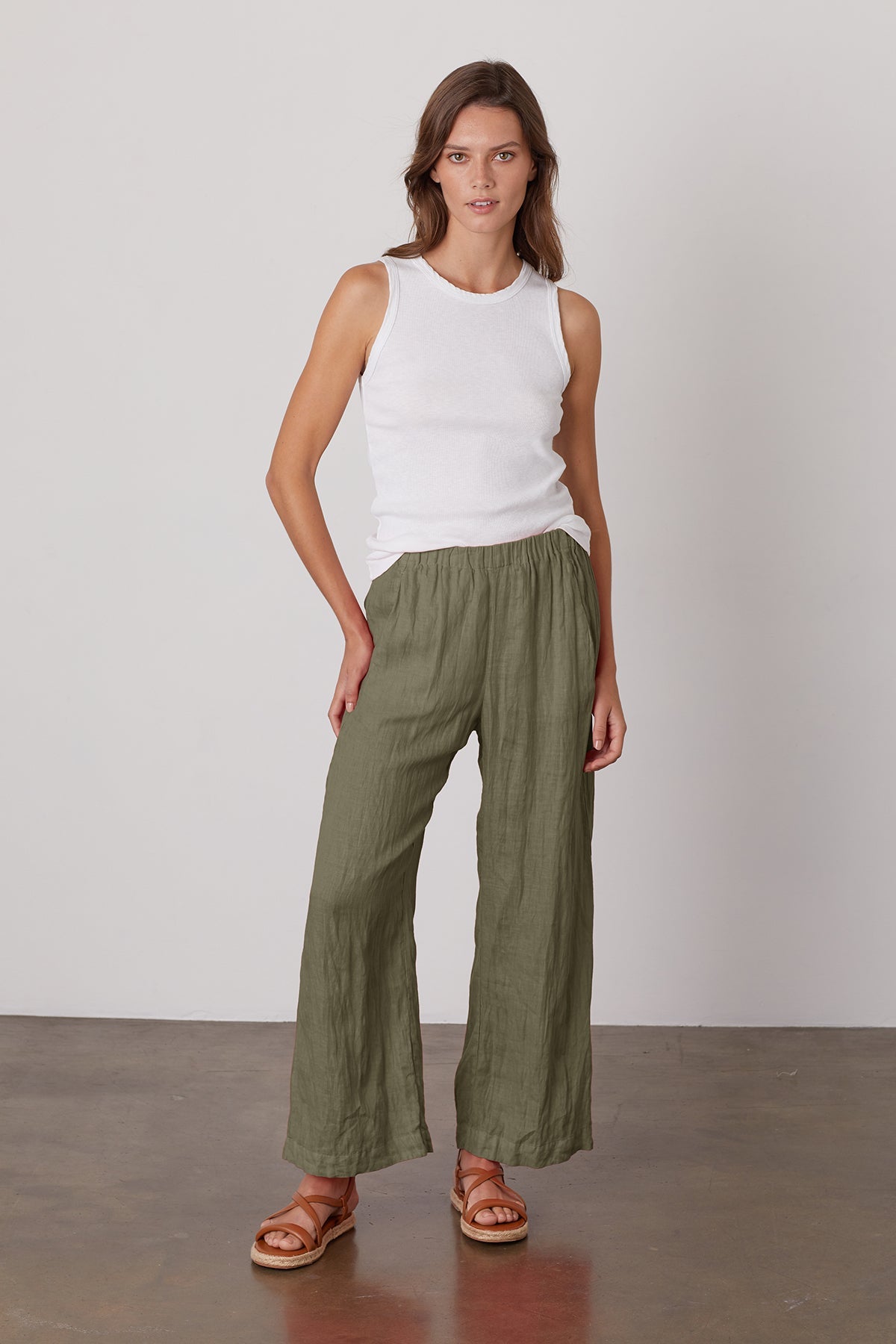   Lola linen pant in olive green with Maxie tank in white. 