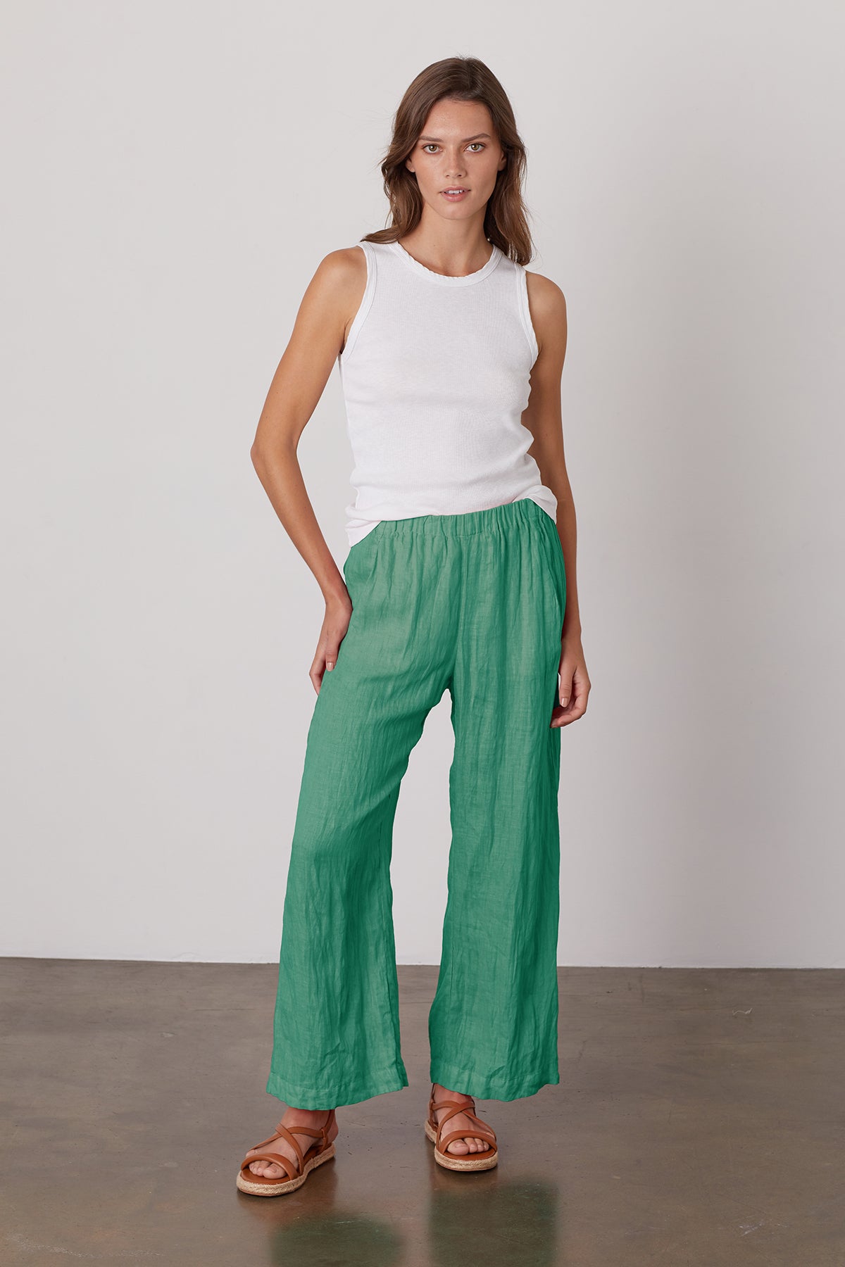 Lola linen pant in green apple with Maxie tank in white-25329014440129