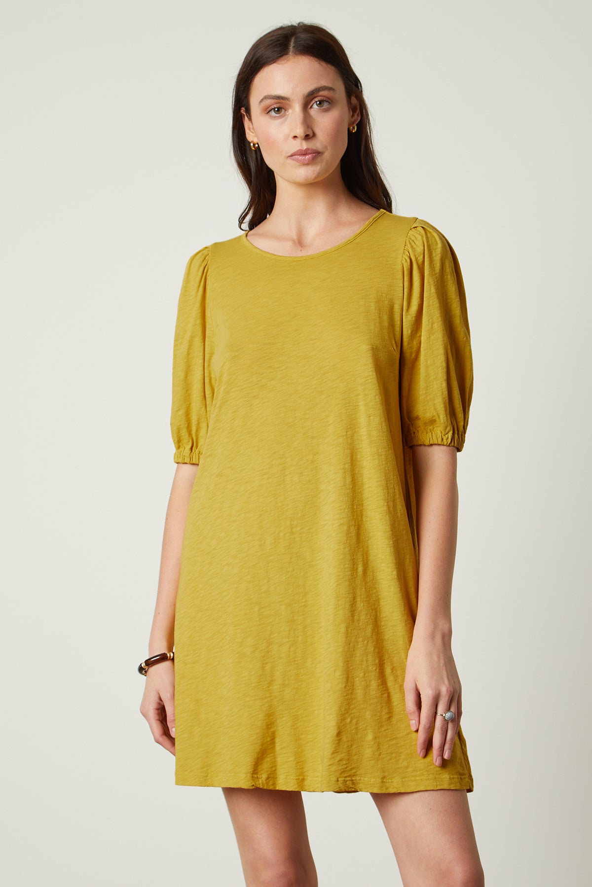 Meghan Dress in buttercup with puff sleeves front-26022634389697