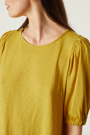 Meghan Dress in buttercup with puff sleeves front & sleeve detail