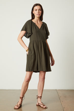 Jamie dress in hedge with sandals full length front