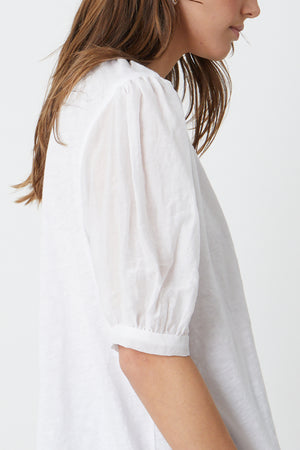 Mallory Top in white side detail with puff sleeve