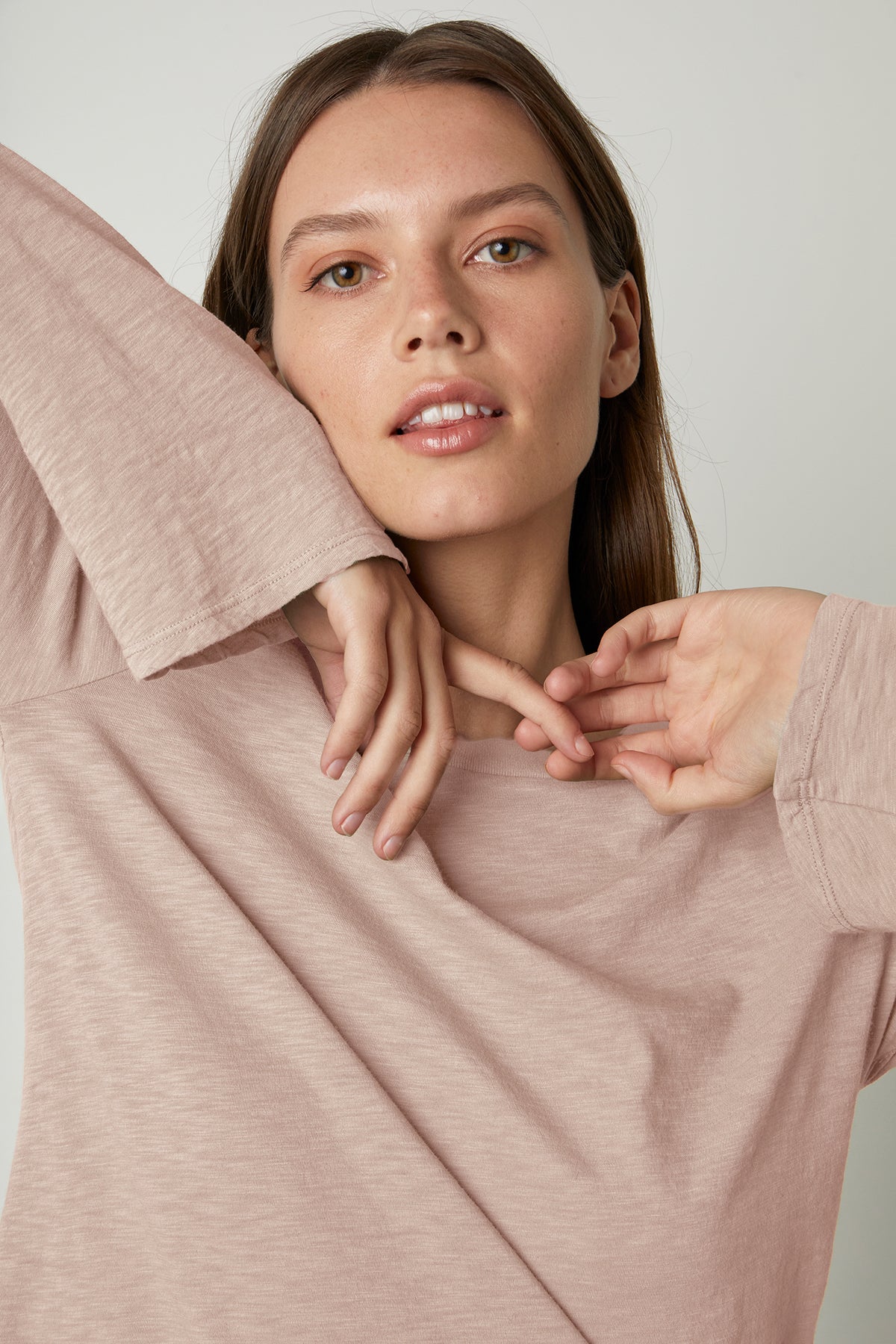   Sofia Bell Sleeve Tee in rosegold pink front showing sleeve detail 