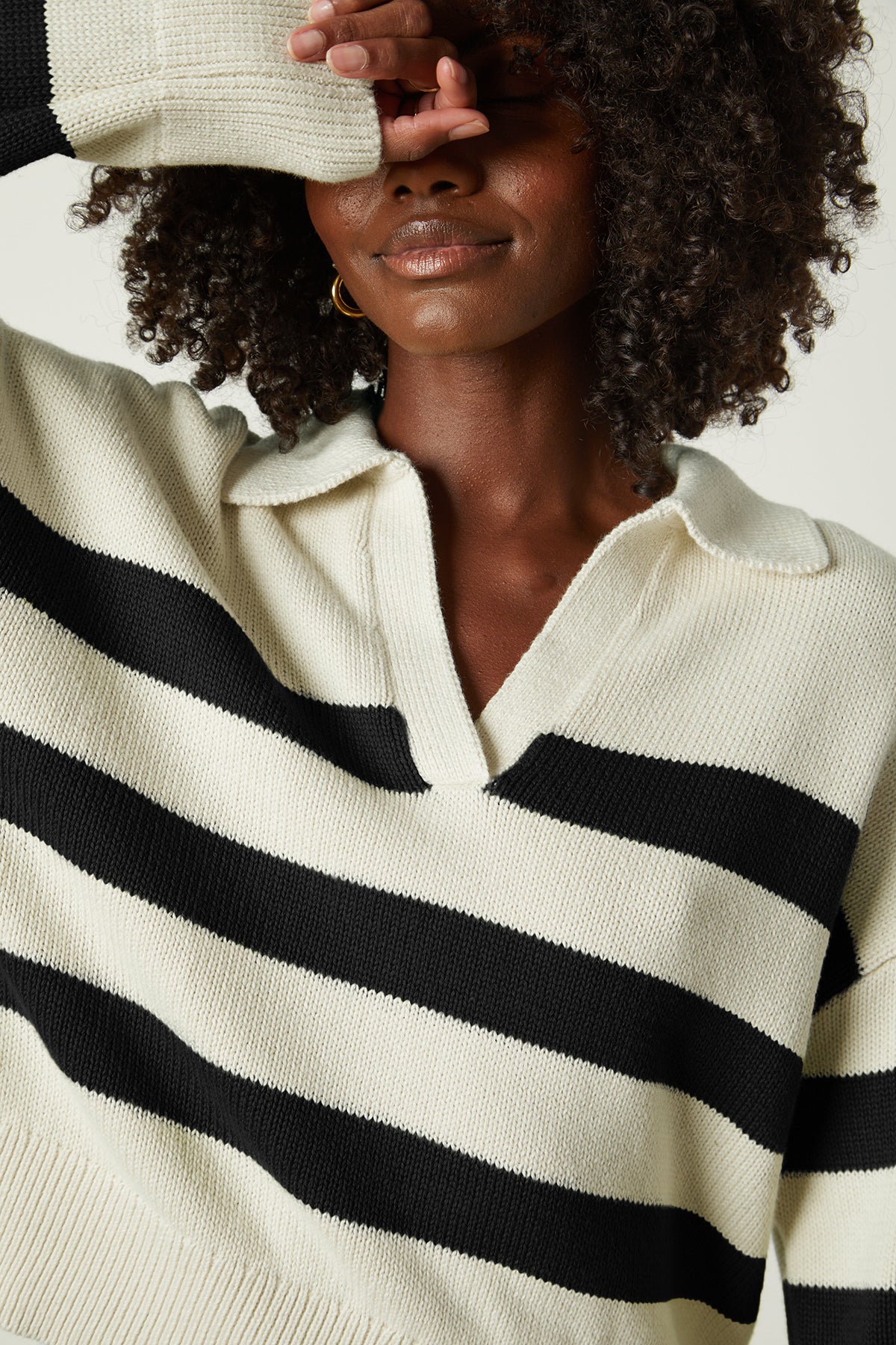   Lucie Striped Polo Sweater in Black and Cream front detail 
