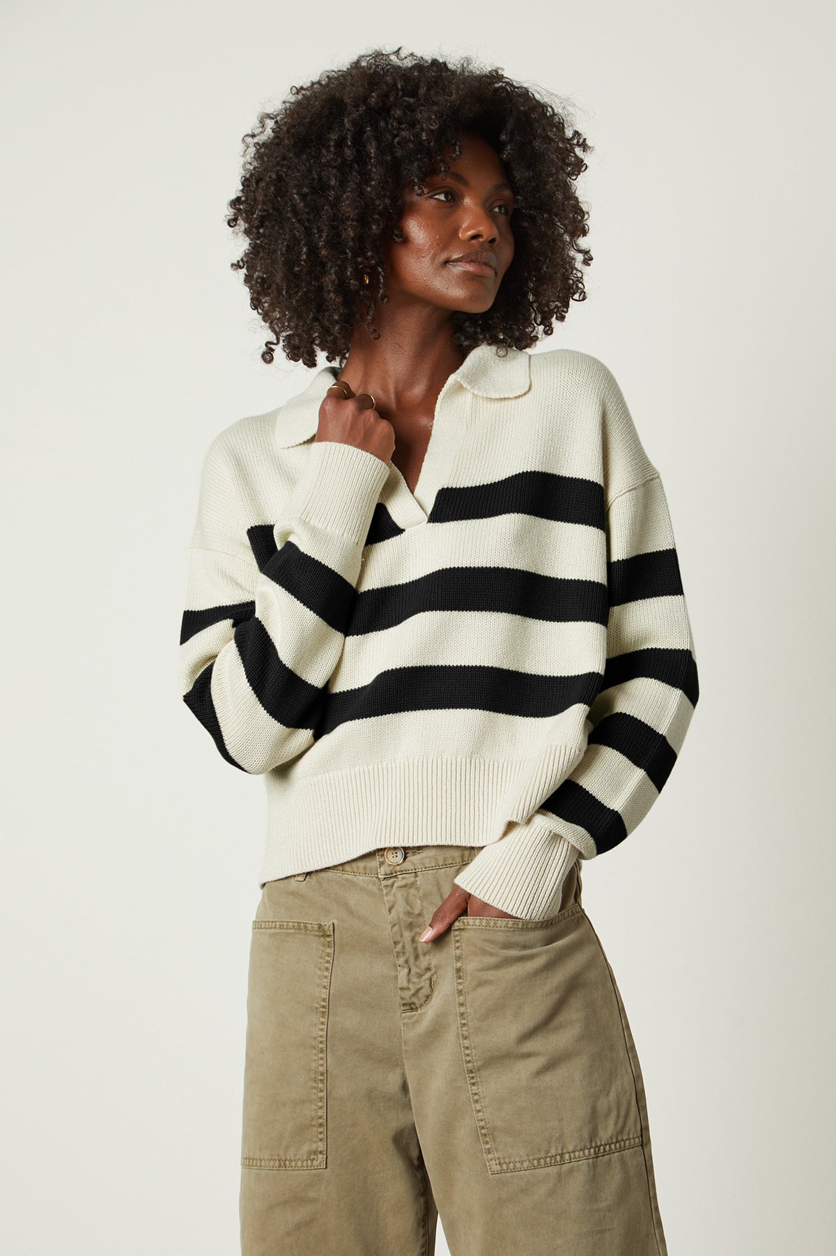 Lucie Striped Polo Sweater in Black and Cream and Brylie pant front-25870167769281
