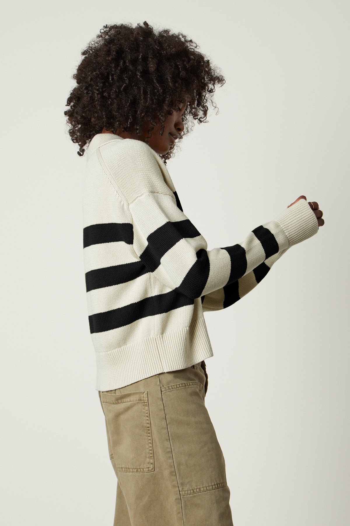 Lucie Striped Polo Sweater in Black and Cream and Brylie pant side-25870167802049
