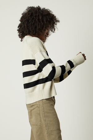 Lucie Striped Polo Sweater in Black and Cream and Brylie pant side