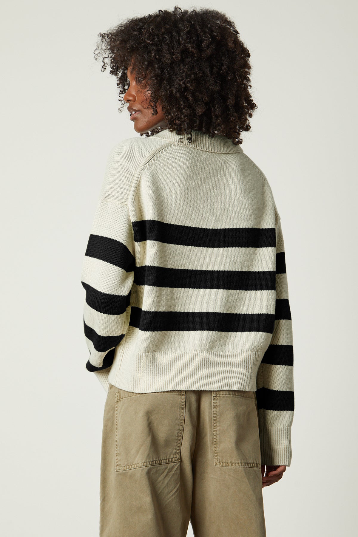   Lucie Striped Polo Sweater in Black and Cream and Brylie pant back 