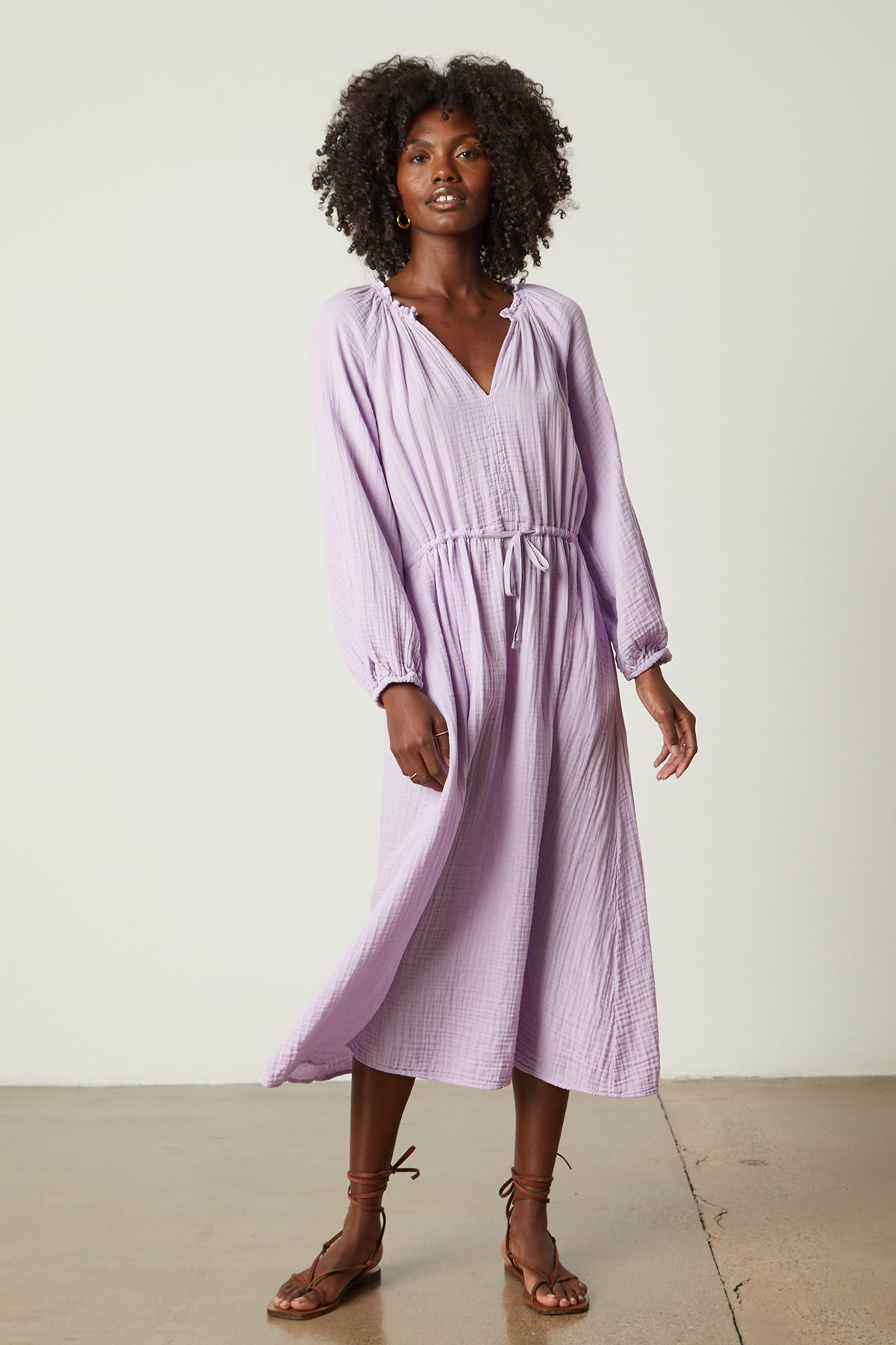 Audrey cotton gauze dress in light lavender thistle color, gold hoop earrings full length front-26078933975233