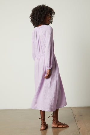 Audrey cotton gauze dress in light lavender thistle color full length back