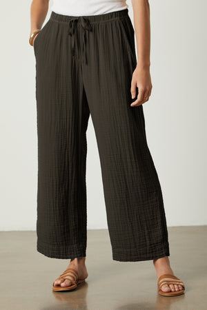 A woman wearing dark brown hedge color Velvet by Graham & Spencer FRANNY COTTON GAUZE PANT front