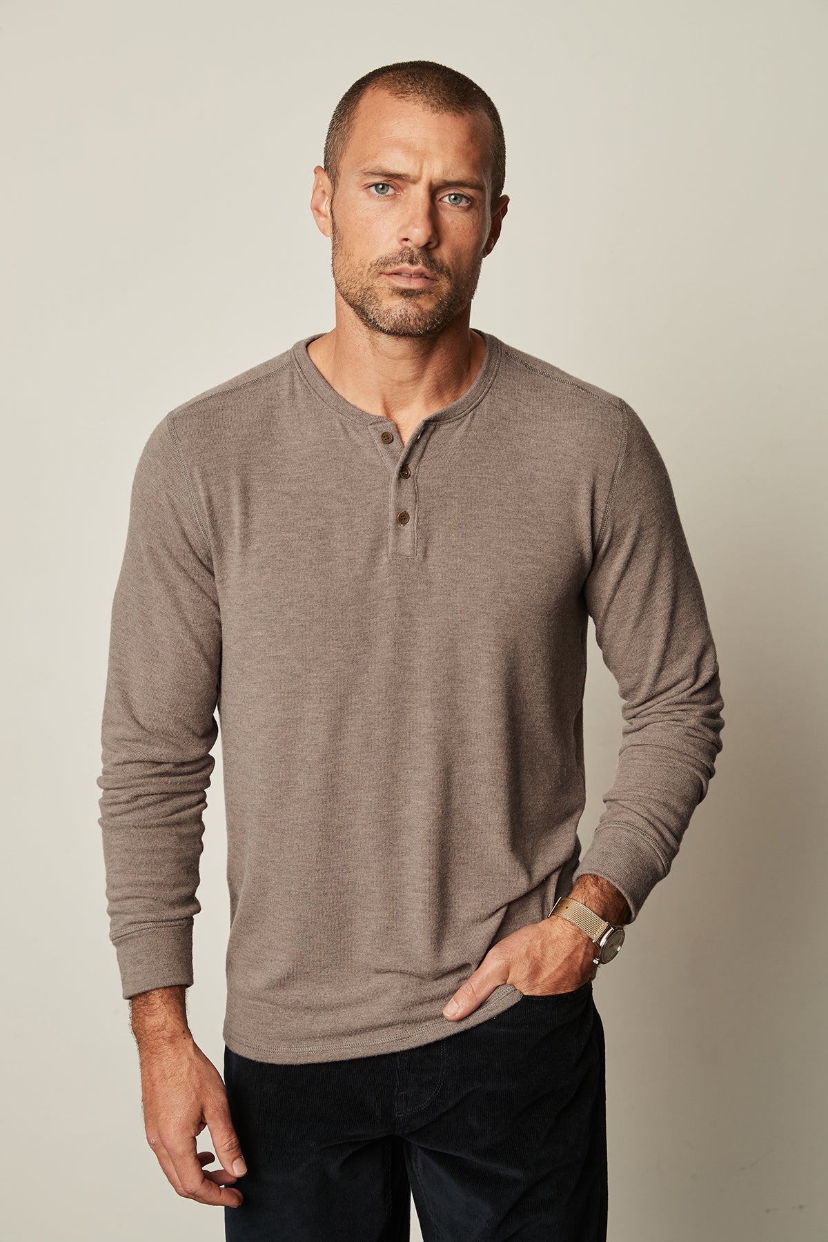 Faust Cozy Jersey Henley in mushroom with black denim front-25262671626433