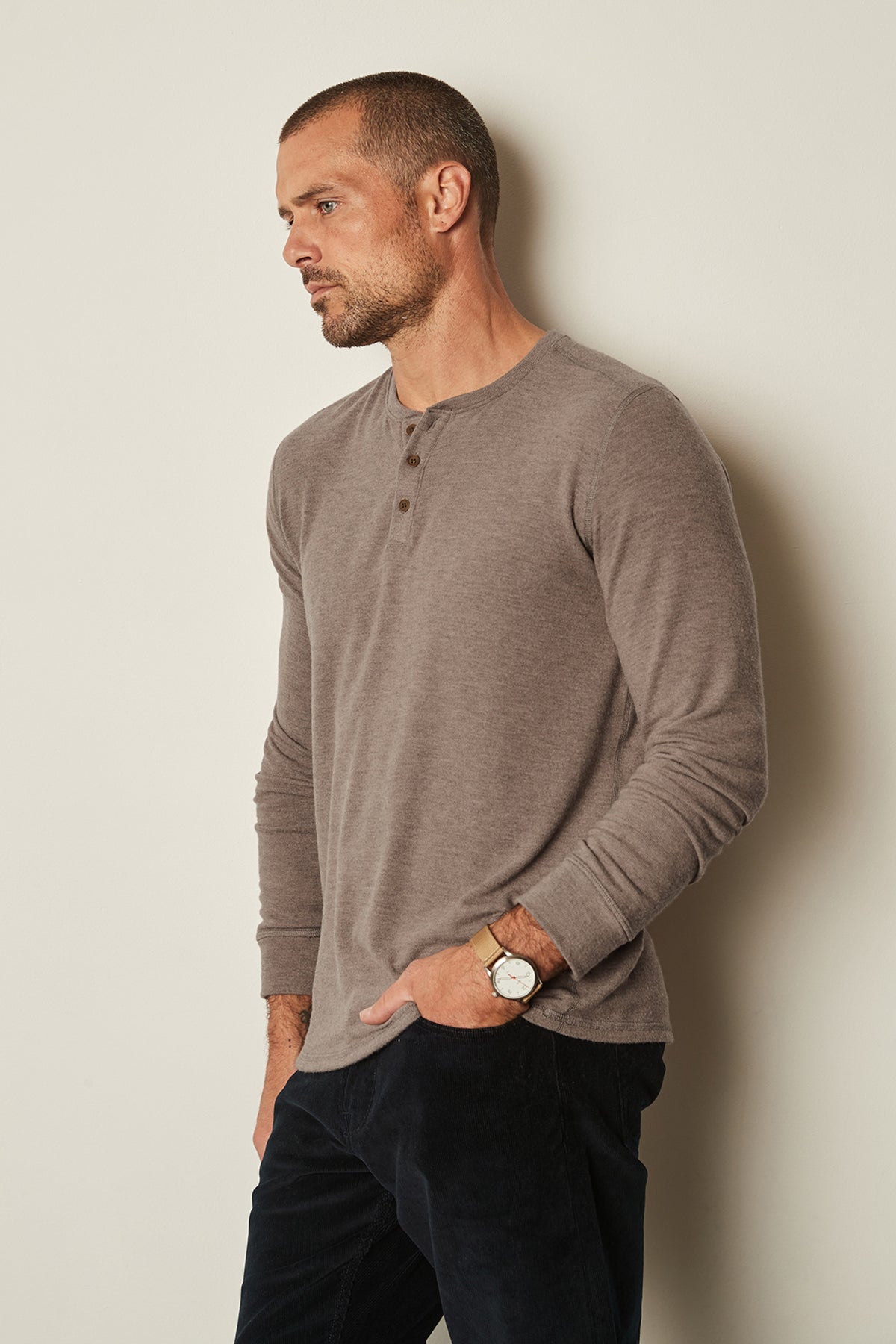 Faust Cozy Jersey Henley in mushroom with black denim front & side-25262671757505