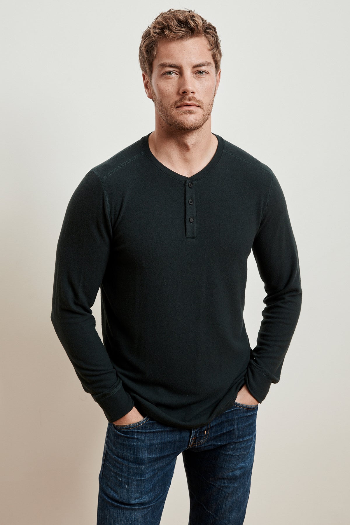 Men's Henley - Long Sleeves in Black Cotton Jersey