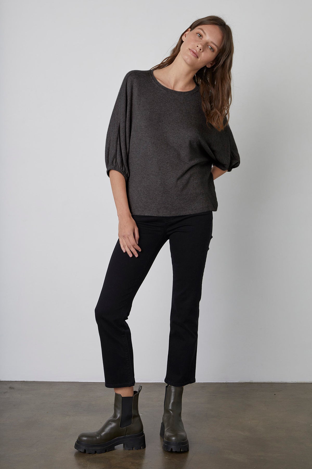   Makayla Crew Neck Pullover in anthracite dark grey front full length with black denim Kate 