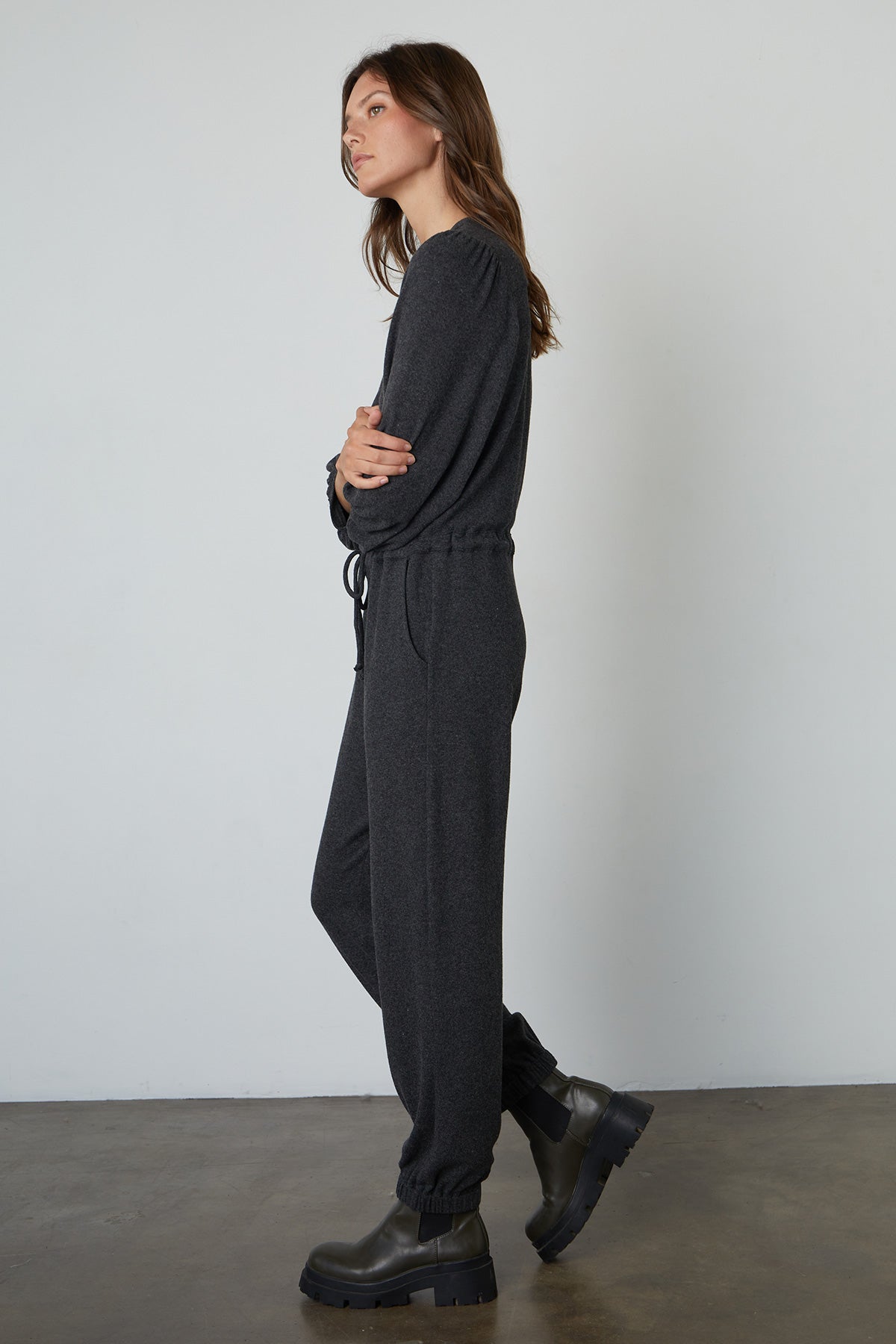   Sariah Cozy Lux Romper in Anthracite Full Length Side 