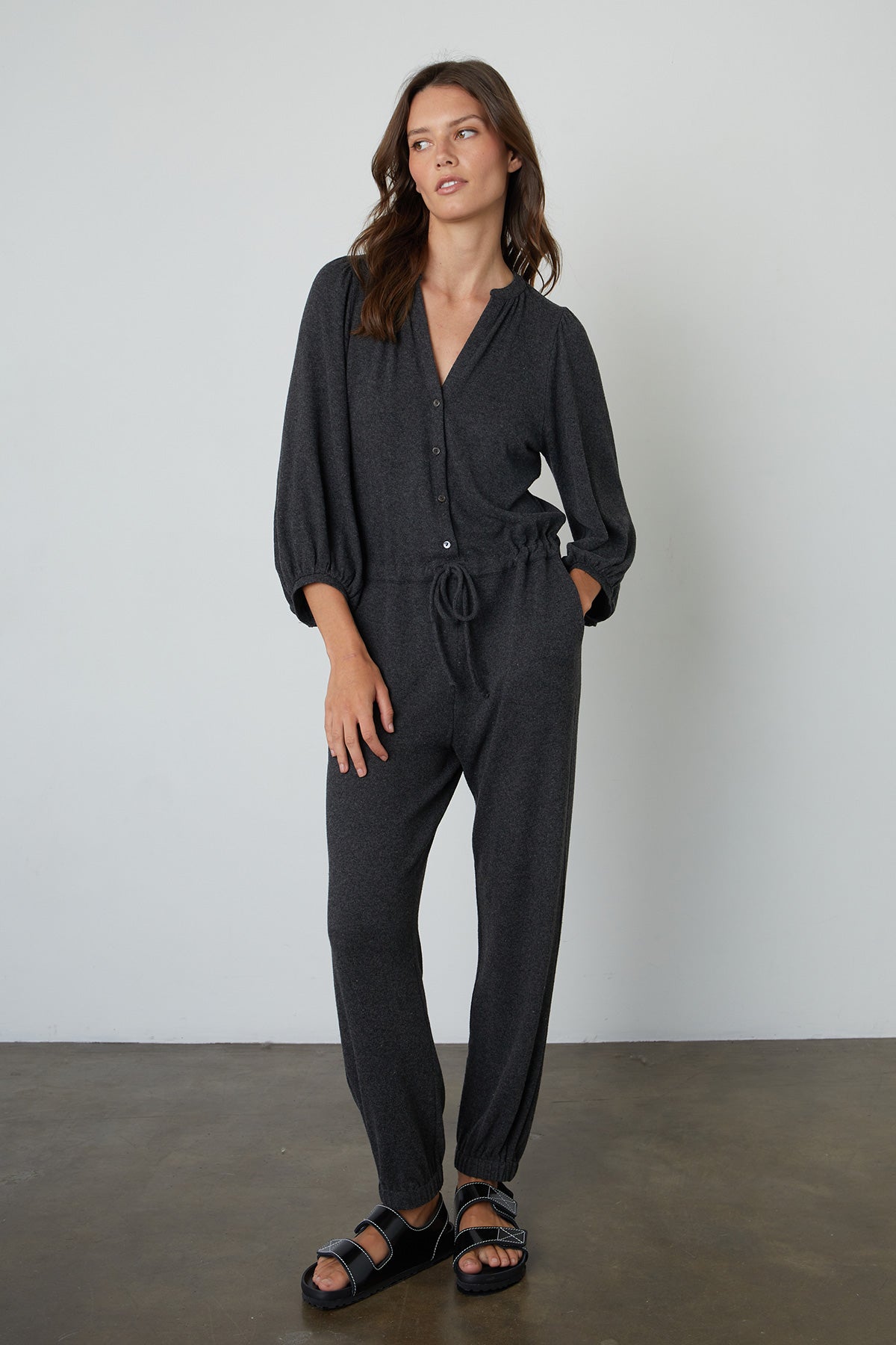   Sariah Cozy Lux Romper in Anthracite Full Length Front 
