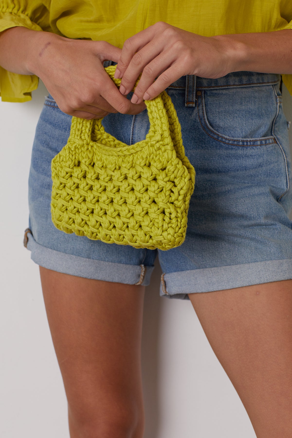   Bennie Crochet Bag in Lime with Natalie Denim  Shorts 