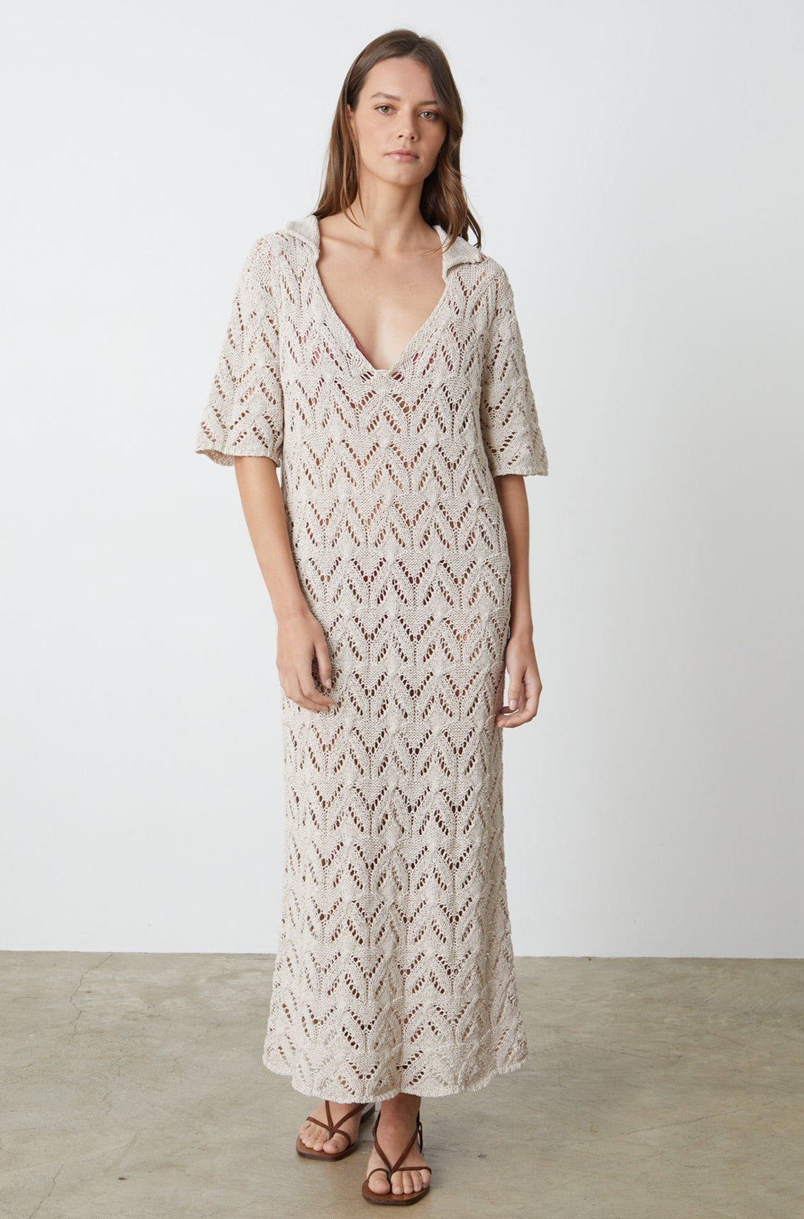 Jacqueline Crochet Stitch Maxi Dress in putty with brown sandals full length front-26296066769089