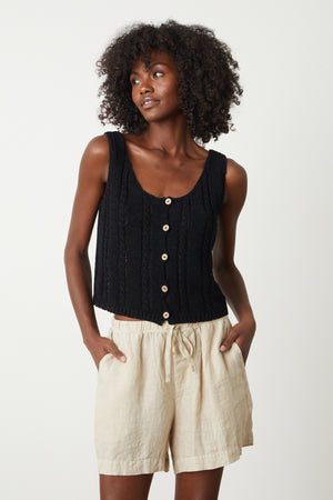 Layla Crochet Stitch Tank Top in black with Tammy short in sand front, model hands in pockets