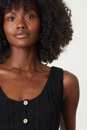 Layla Crochet Stitch Tank Top in black front close up detail