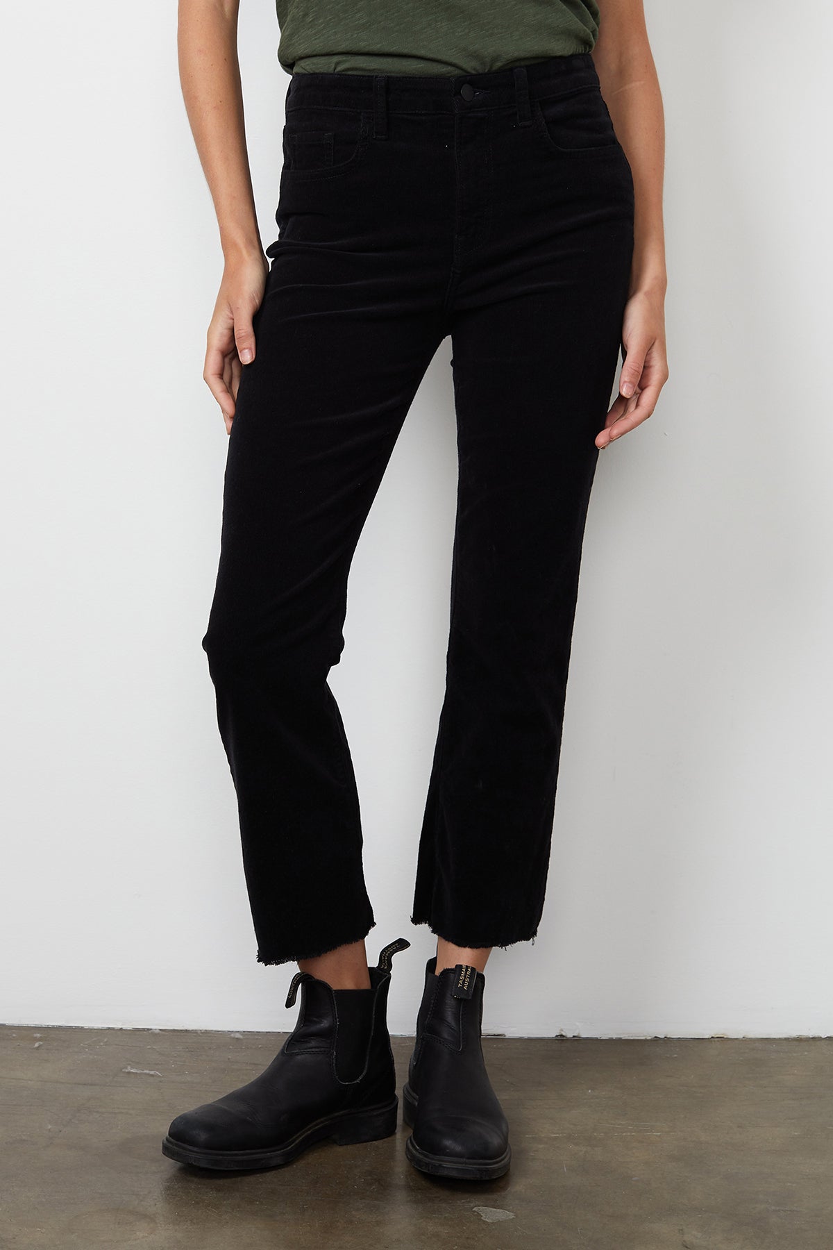 A woman wearing Velvet by Graham & Spencer CANDACE CORDUROY HIGH RISE CROP JEAN with a cropped cuff.-14889566175425