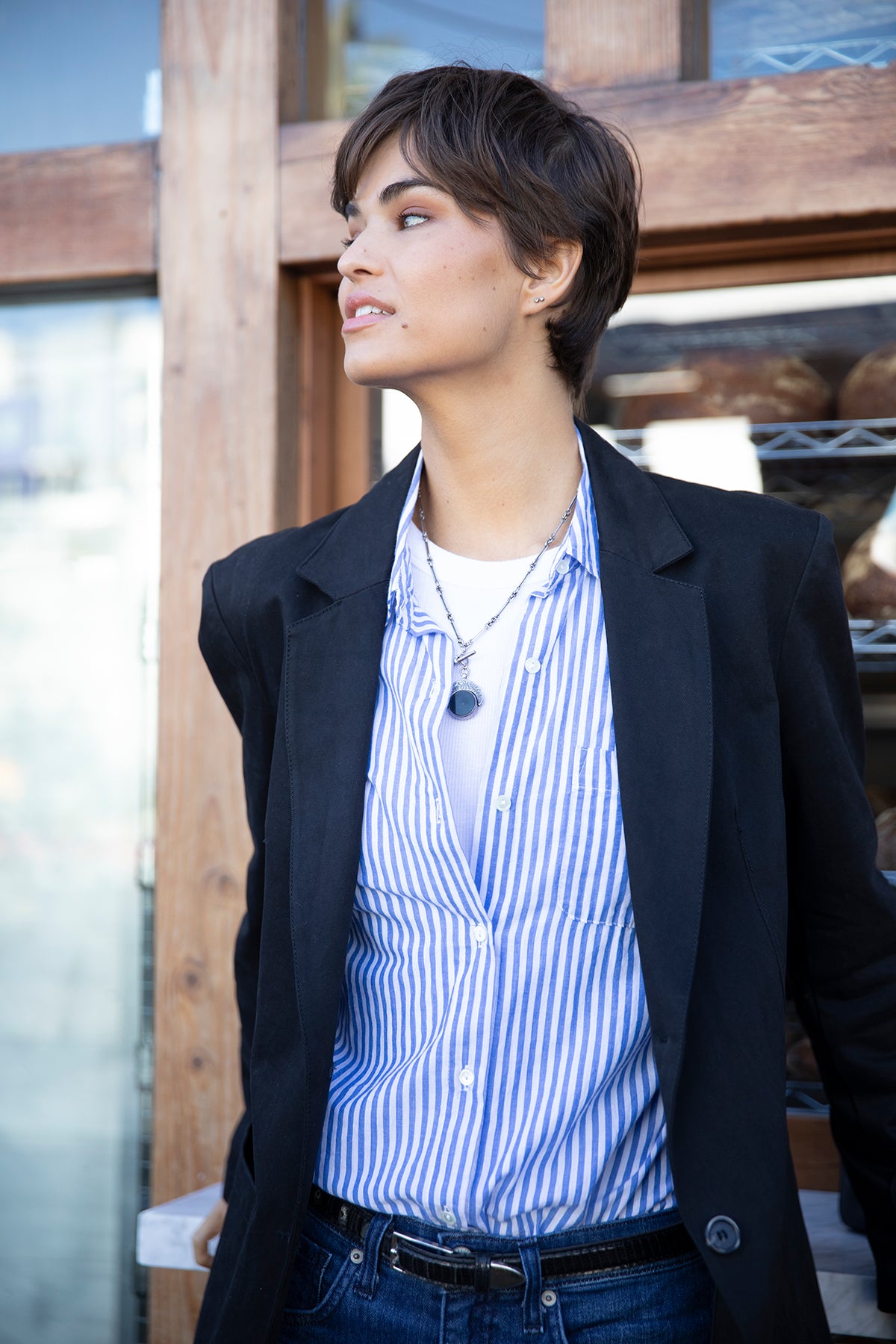 Newport Blue and White Stripe Button Down Cotton Shirt with Echo Blazer in Vintage Black and Cruz Tank Top in White Front-25154865365185