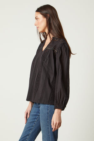 Jordyn Embroidered V-Neck Top in black with blue denim side