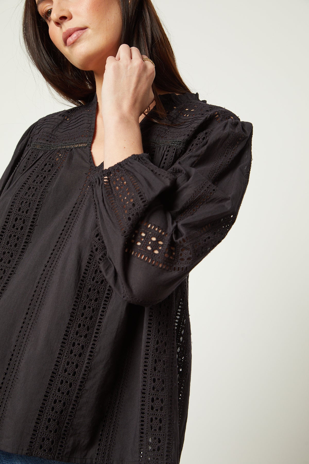 Jordyn Embroidered V-Neck Top in black front & sleeve close up detail-26022686949569