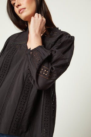Jordyn Embroidered V-Neck Top in black front & sleeve close up detail