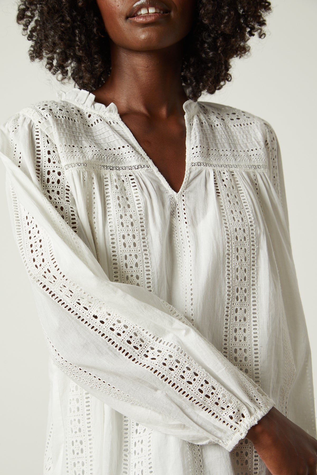  Jordyn Embroidered V-Neck Top in cream front & sleeve close up detail 