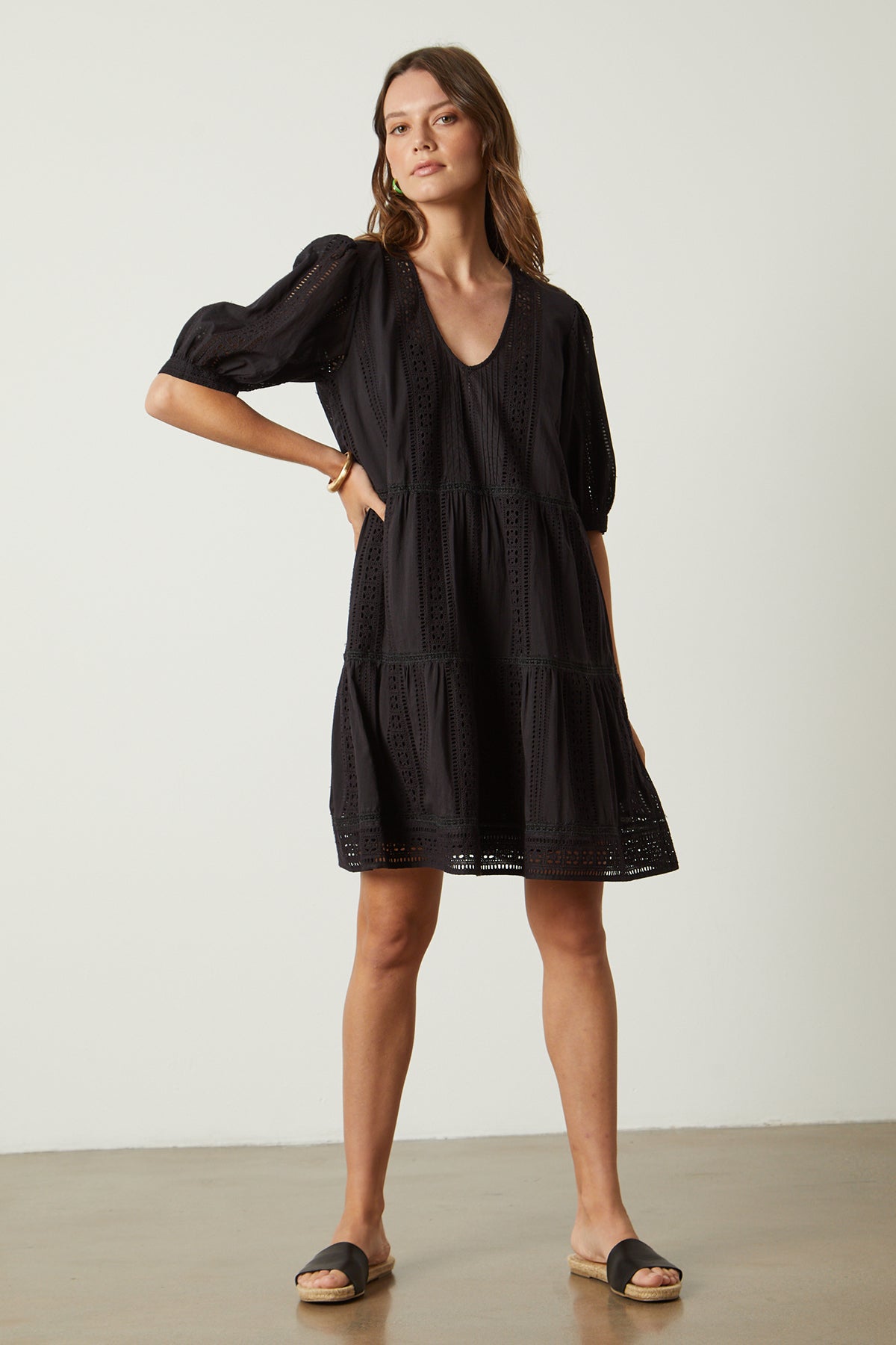 Margaret dress in embroidered black full length front-26022645006529