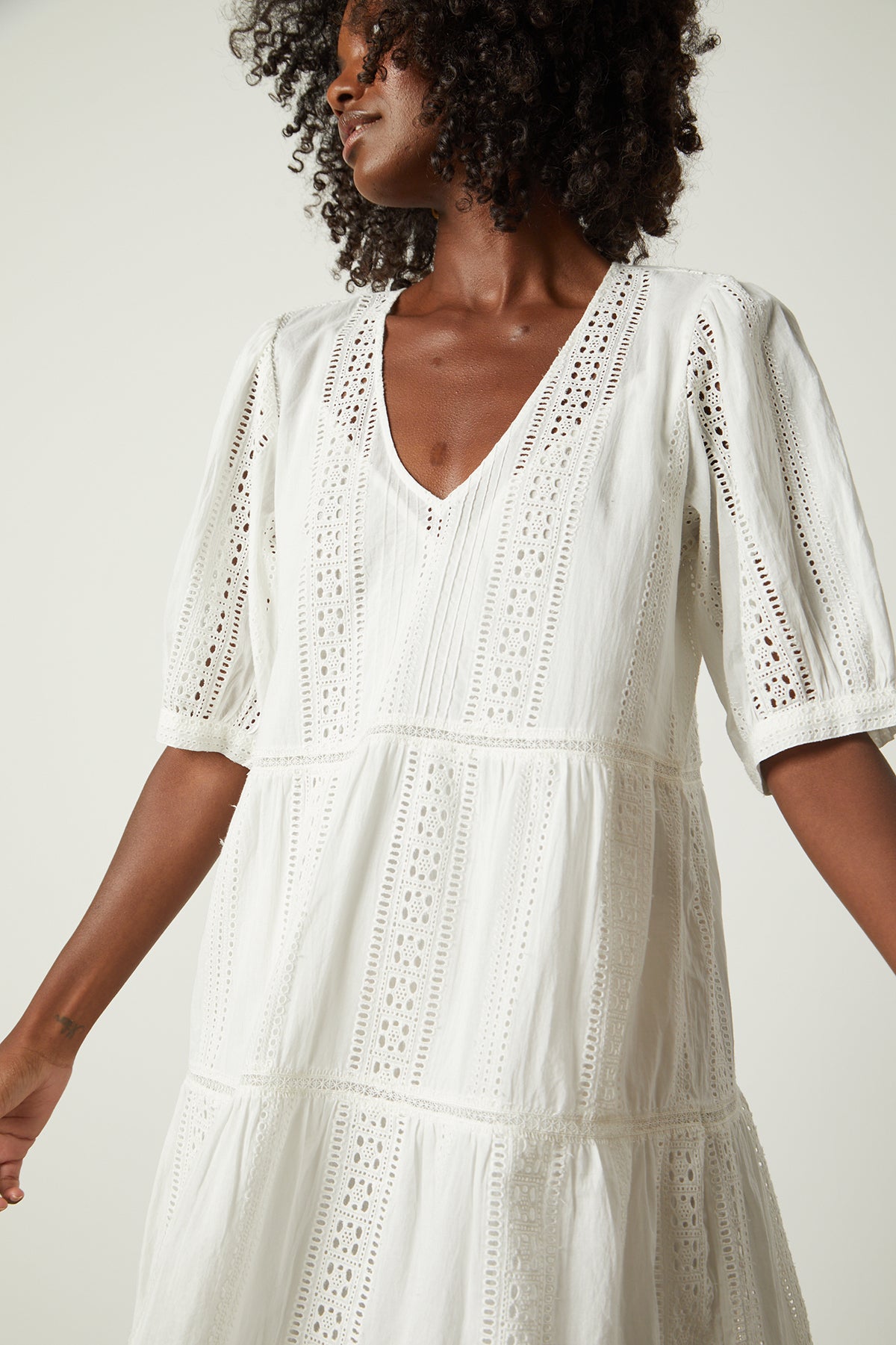   Margaret dress in embroidered cream close up front 
