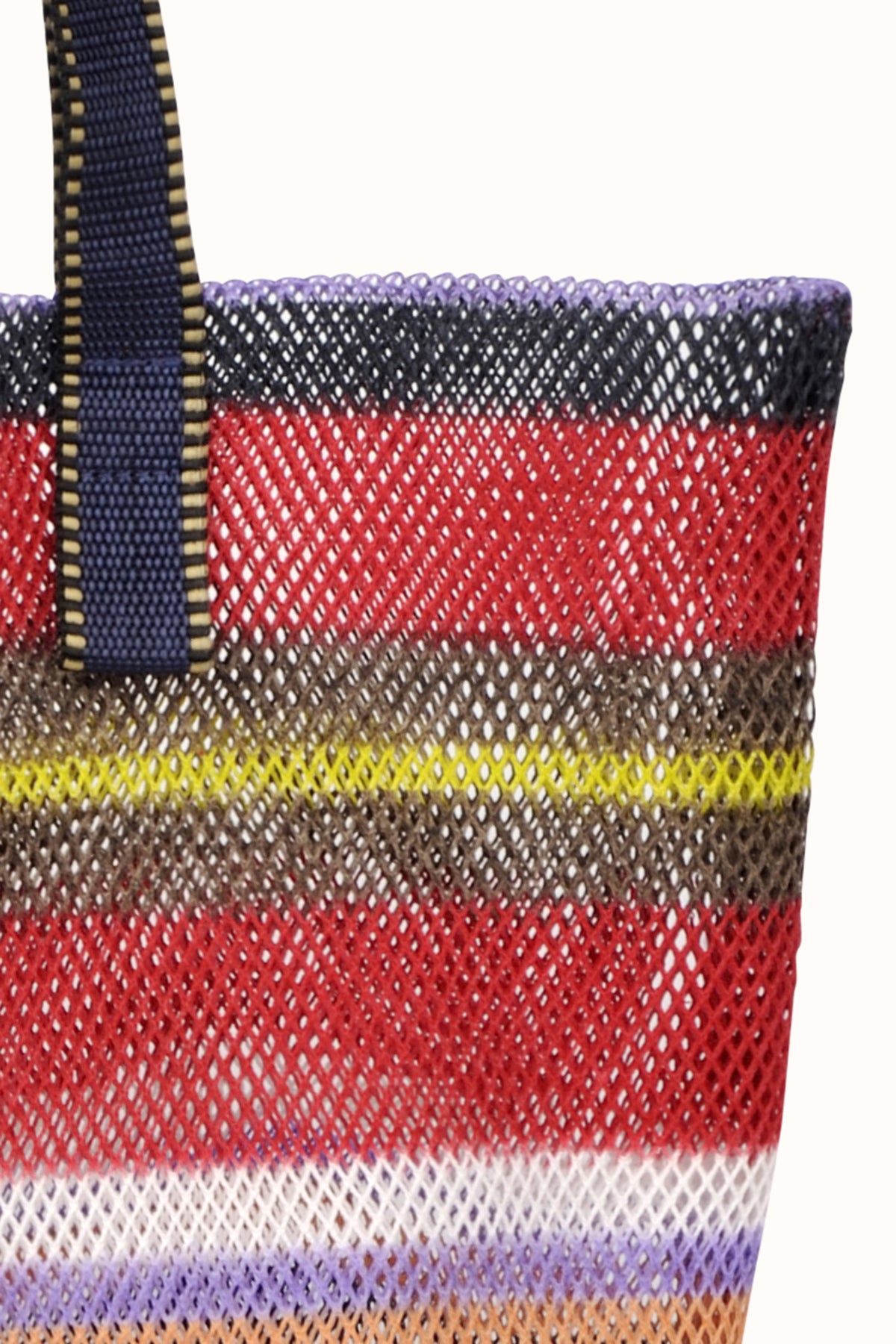   Close-up of the SMALL MESH TOTE BY EPICE featuring bold color combinations with horizontal stripes in red, yellow, brown, and purple on sturdy mesh, complete with a black handle by Epice. 