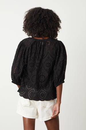 Quinn Top in black eyelet with Natalie white denim shorts back